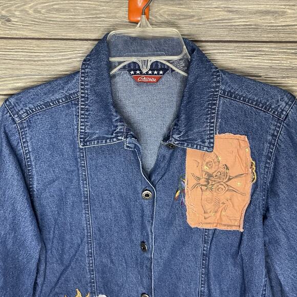 AGAPO Vintage Denim Long Sleeve Button Jacket with Embroided Patches Size Medium - Picture 4 of 9
